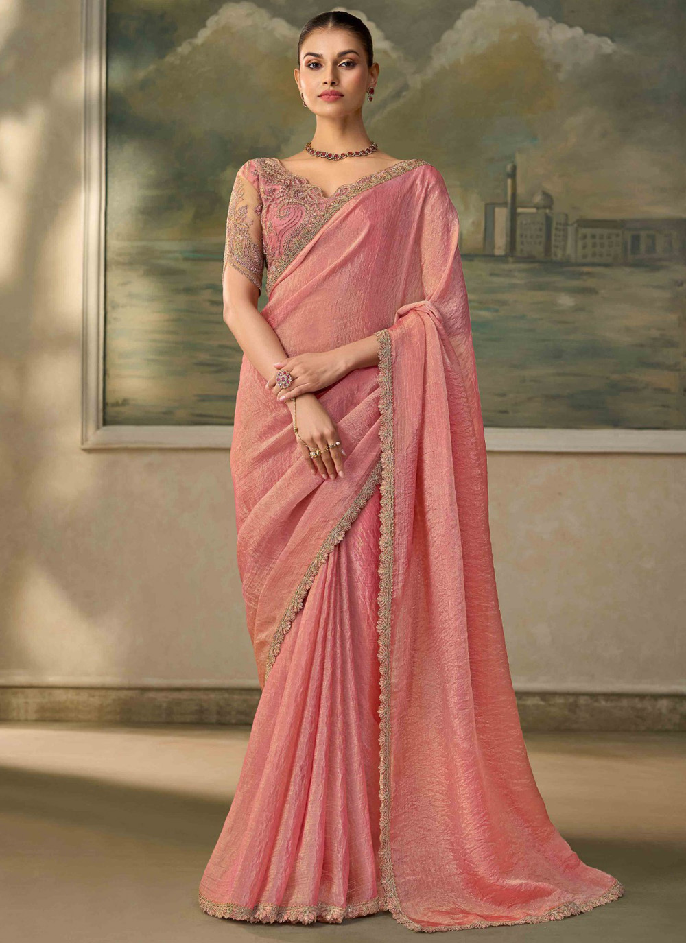 Tissue Peach Pink Border Embroidered Contemporary Saree - Buy Online