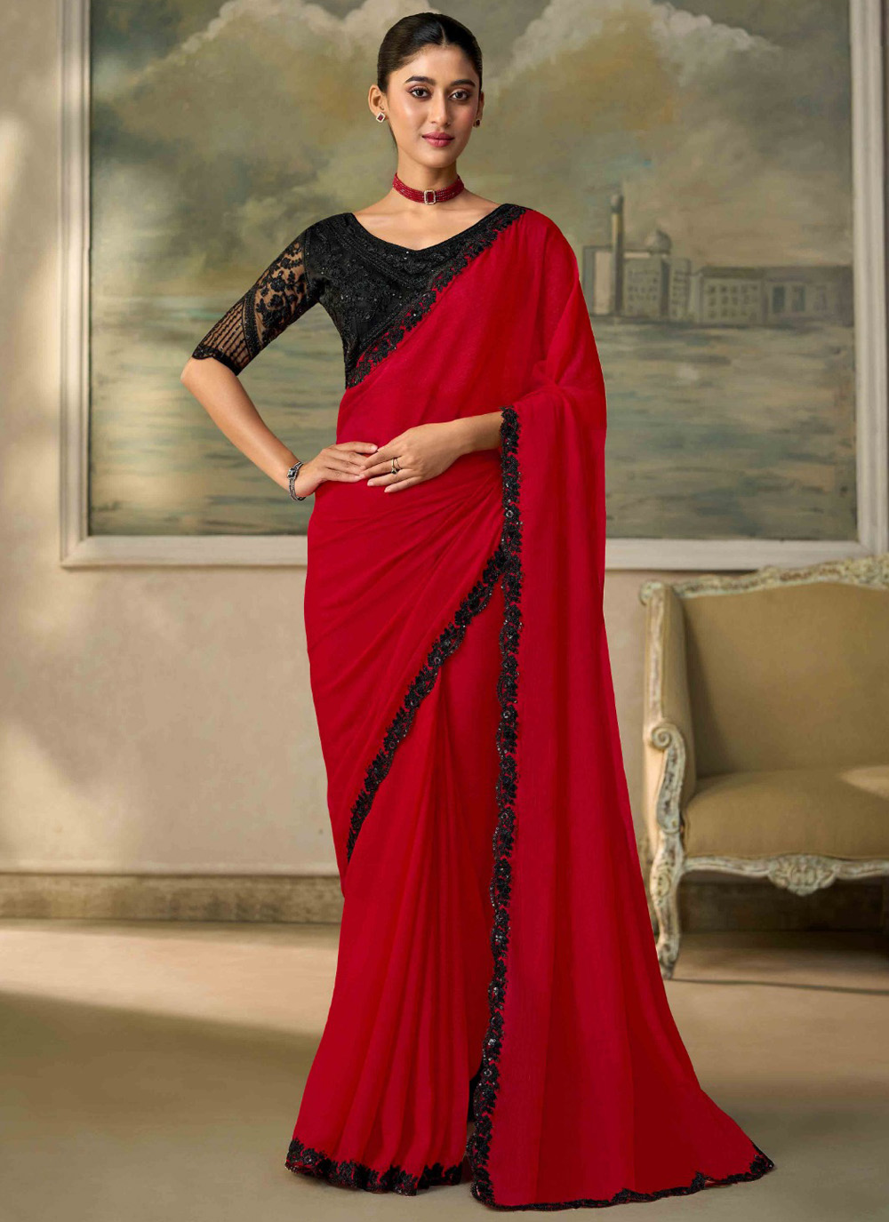 Chiffon Border Embroidered Work Red Saree for Reception - Buy Online