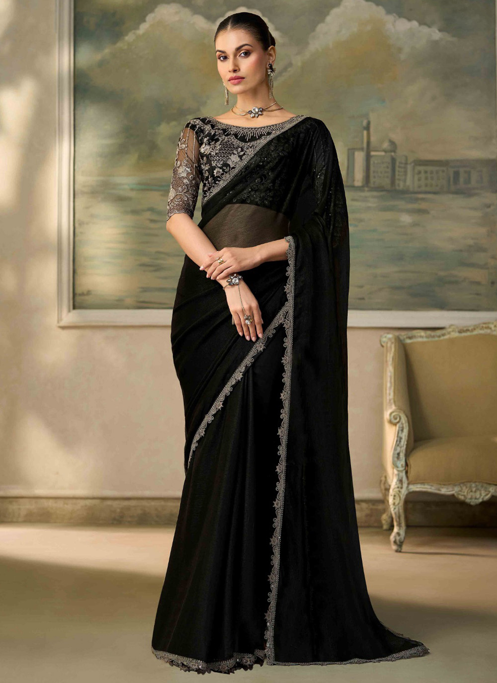 Border Embroidered Chiffon Black Trendy Saree - Buy Online
