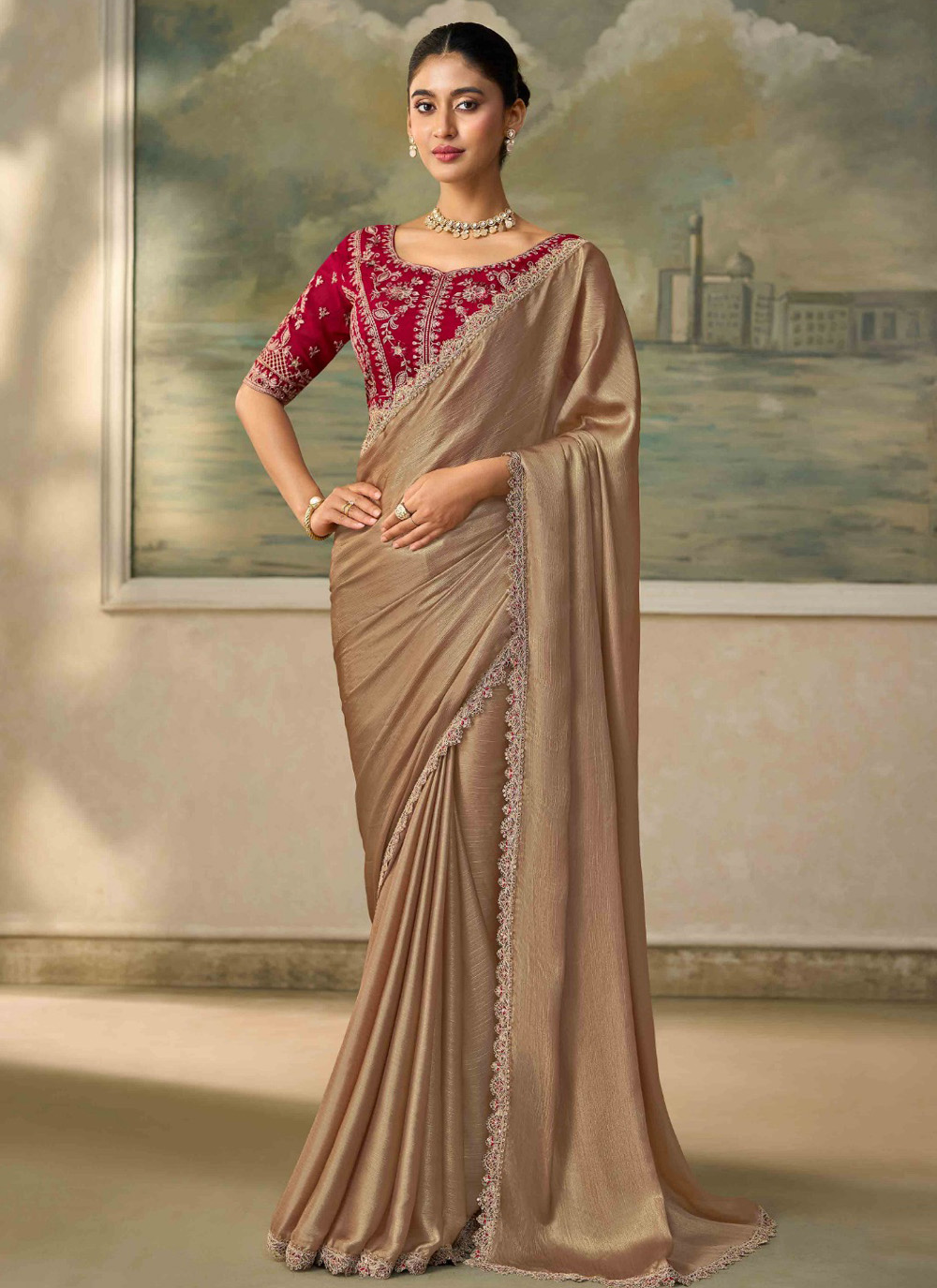 Chiffon Gold Embroidered Border Work Designer Saree - Buy Online