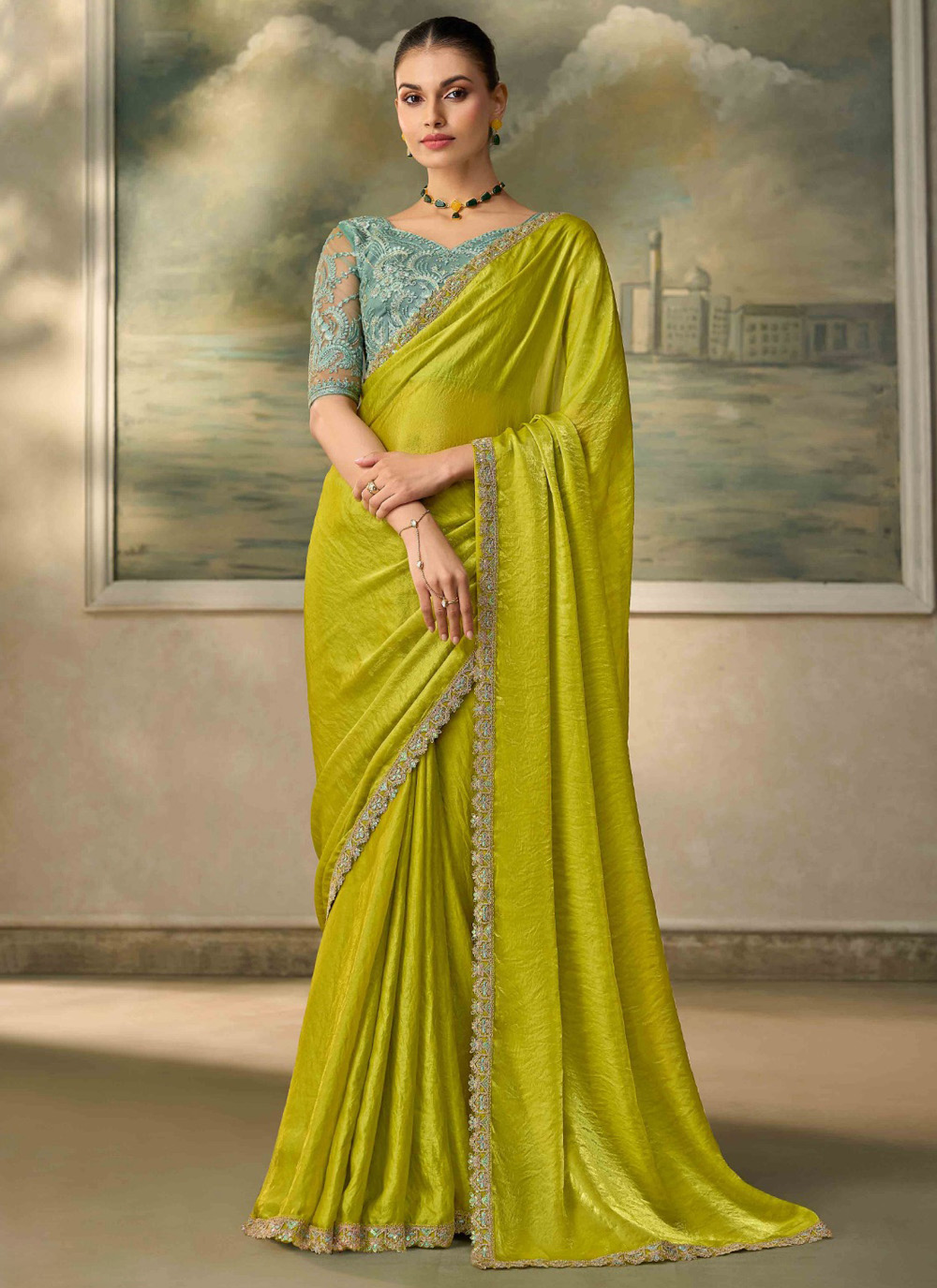 Embroidered Border Green Satin Ceremonial Classic Saree - Buy Online