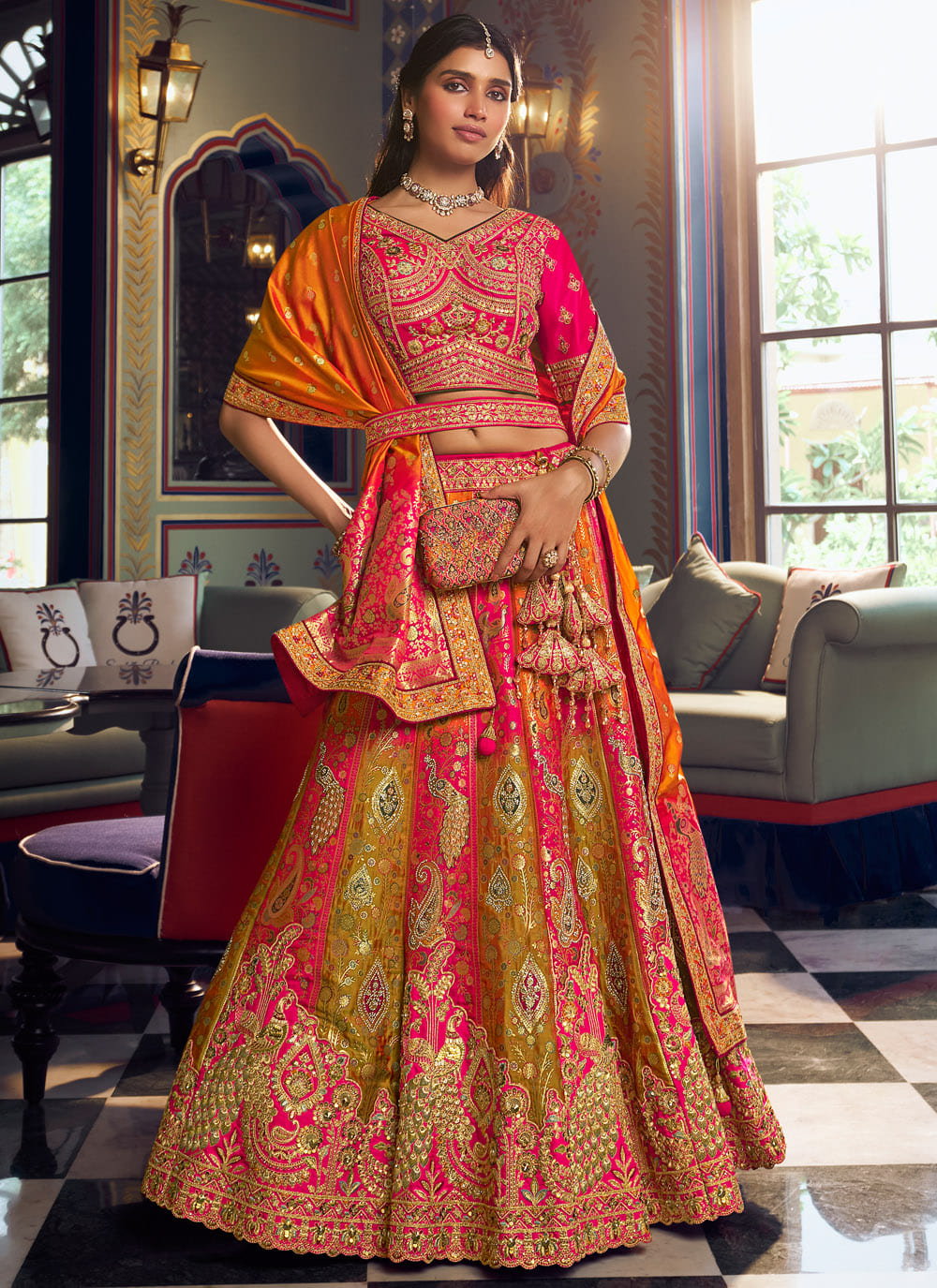 Multi Colour Banarasi Silk Embroidered Reception Lehenga Choli - Buy Online