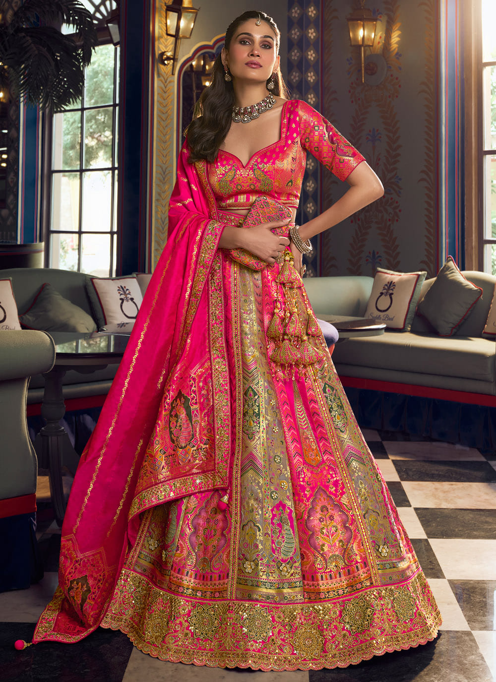Banarasi Silk Multi Colour Embroidered Designer Lehenga Choli - Buy Online