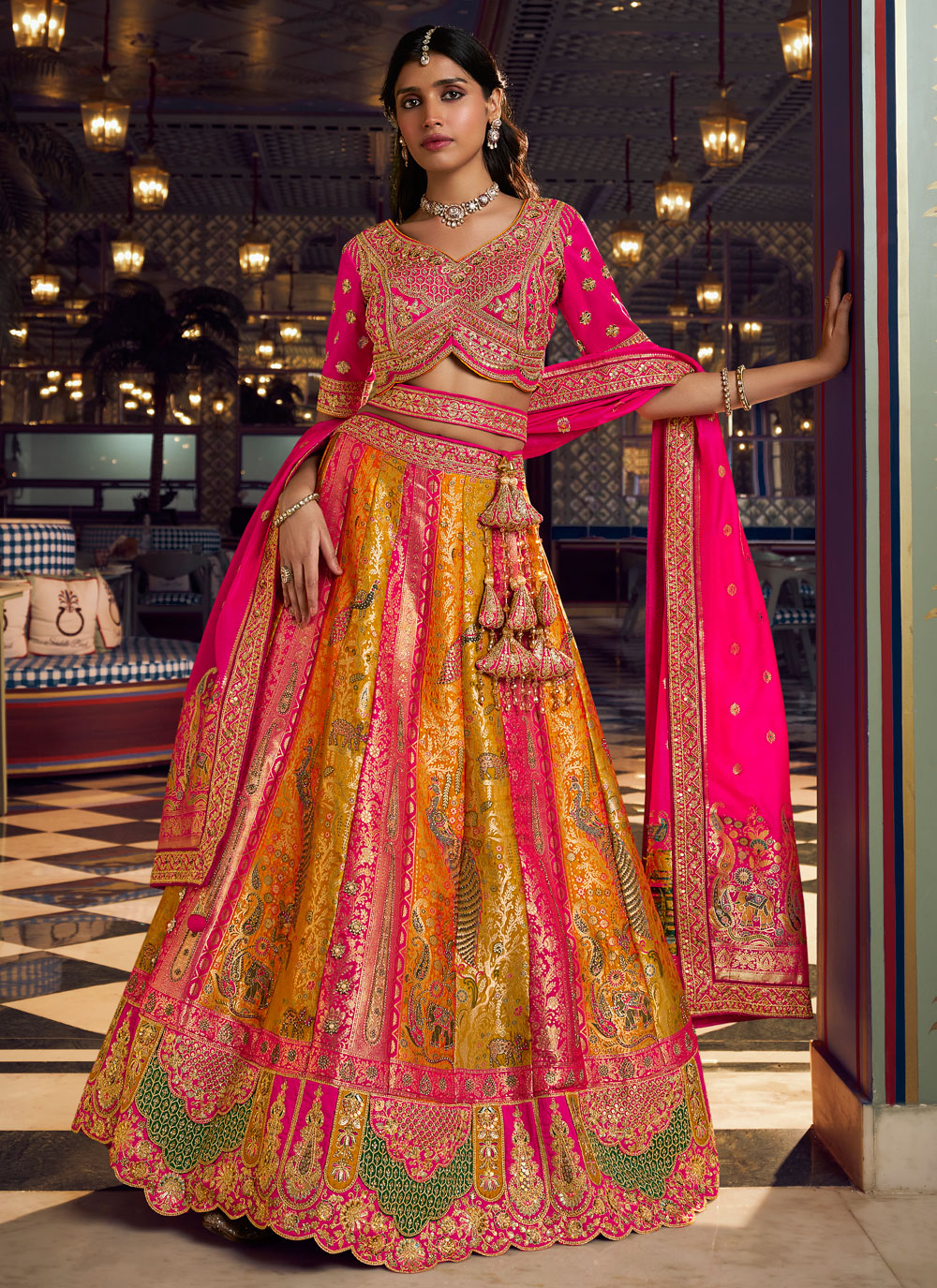 Multi Colour Swarovski Stone Zari Weaving Banarasi Silk Wedding Lehenga Choli - Buy Online
