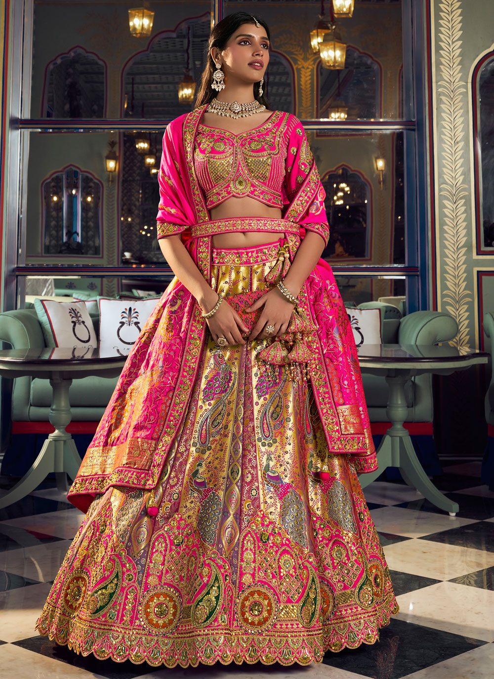 Multi Colour Embroidered Zari Weaving Banarasi Silk Trendy Lehenga Choli - Buy Online