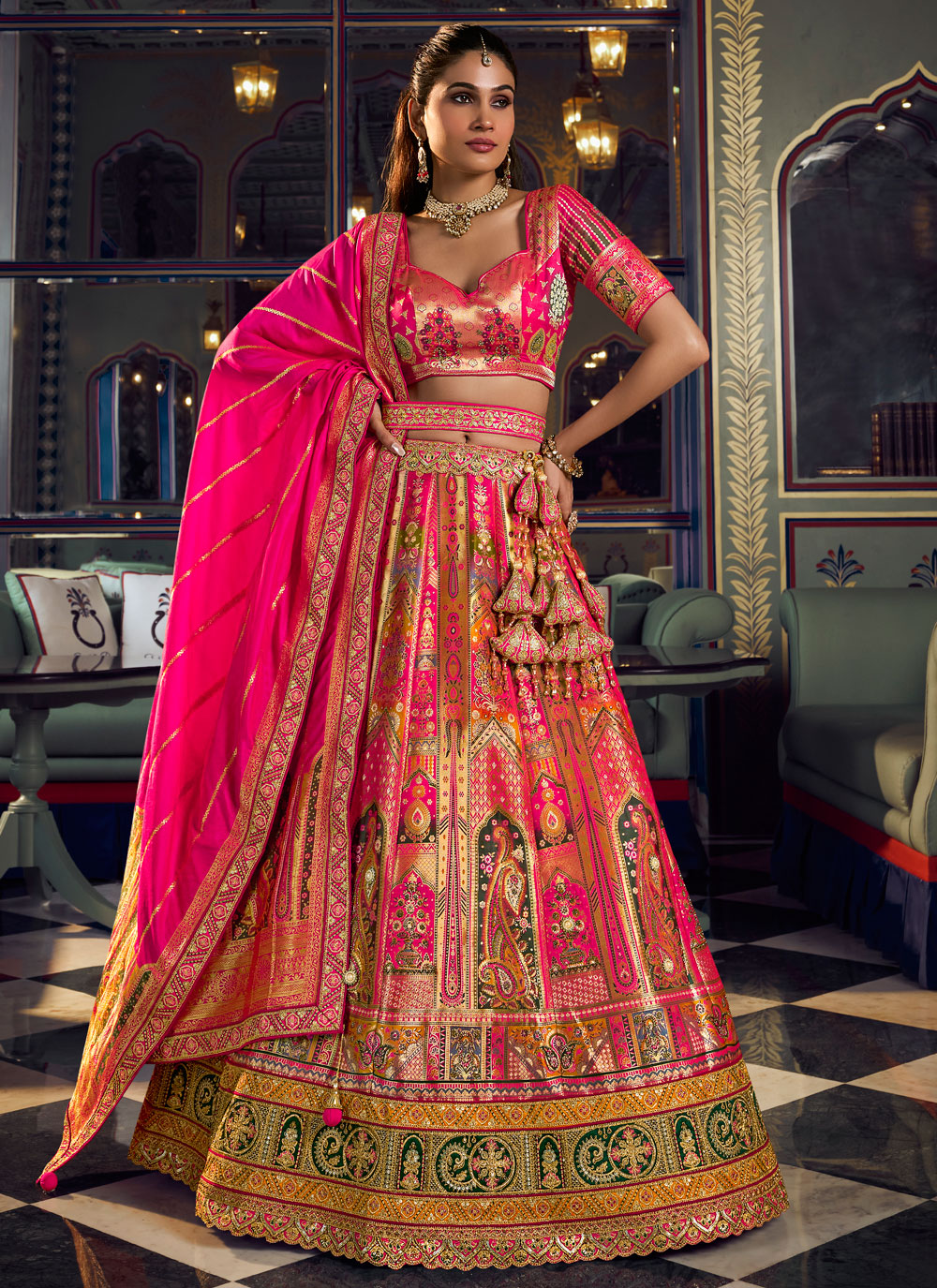 Banarasi Silk Multi Colour Designer Engagement Lehenga Choli - Buy Online