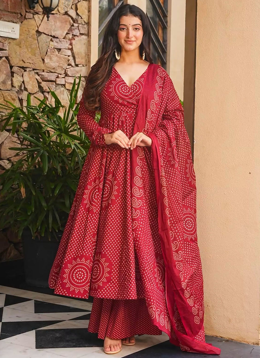 Red Digital Print Cotton Palazzo Salwar Kameez - Buy Online