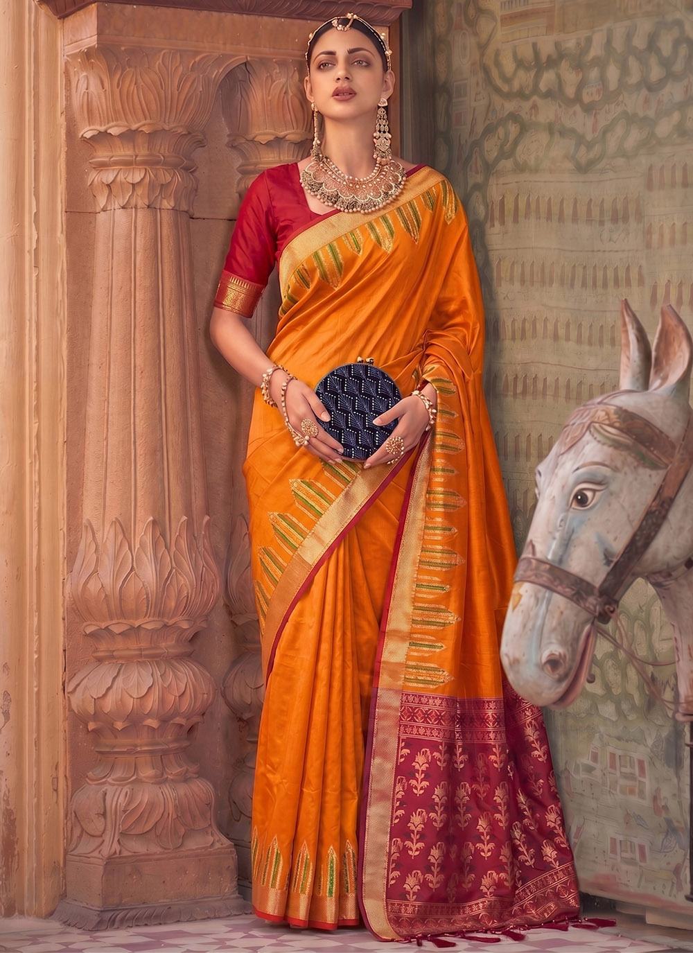 Silk Woven Contemporary Saree in Orange Colour - Buy Online