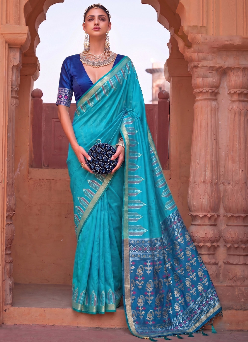 Aqua Blue Woven Silk Classic Saree for Casual - Buy Online