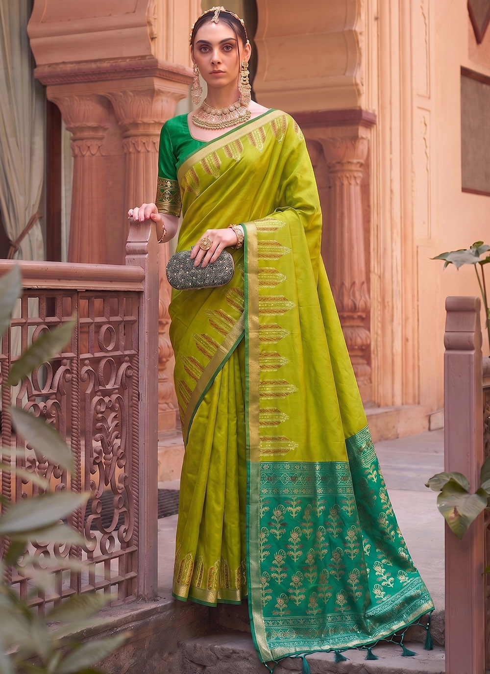 Green Silk Woven Work Traditional Wear Saree - Buy Online