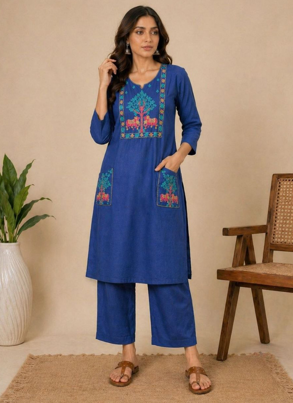 Cotton Zari Embroidered Designer Kurti in Blue - Buy Online