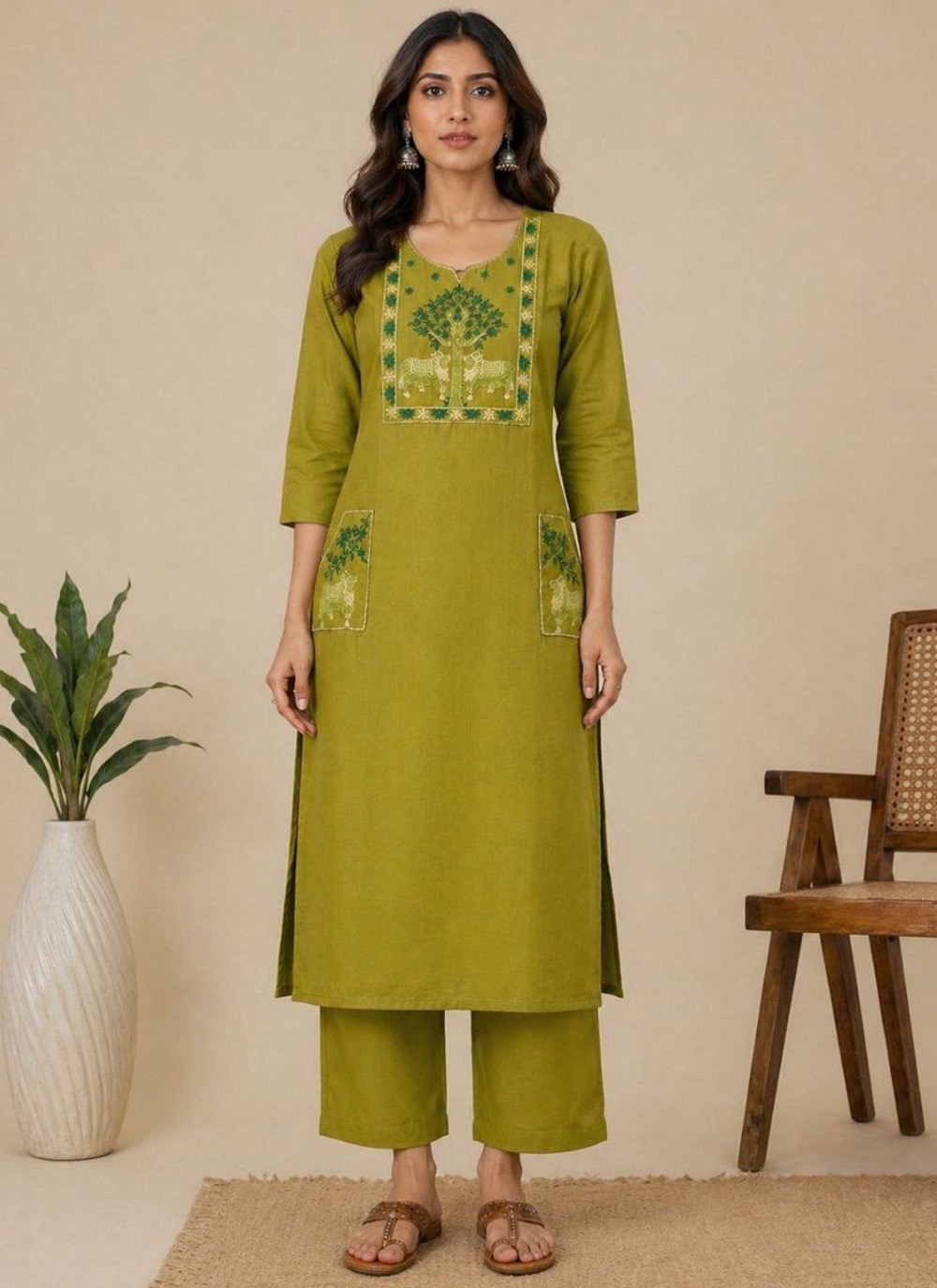 Embroidered Green Cotton Trendy Kurti Set - Buy Online