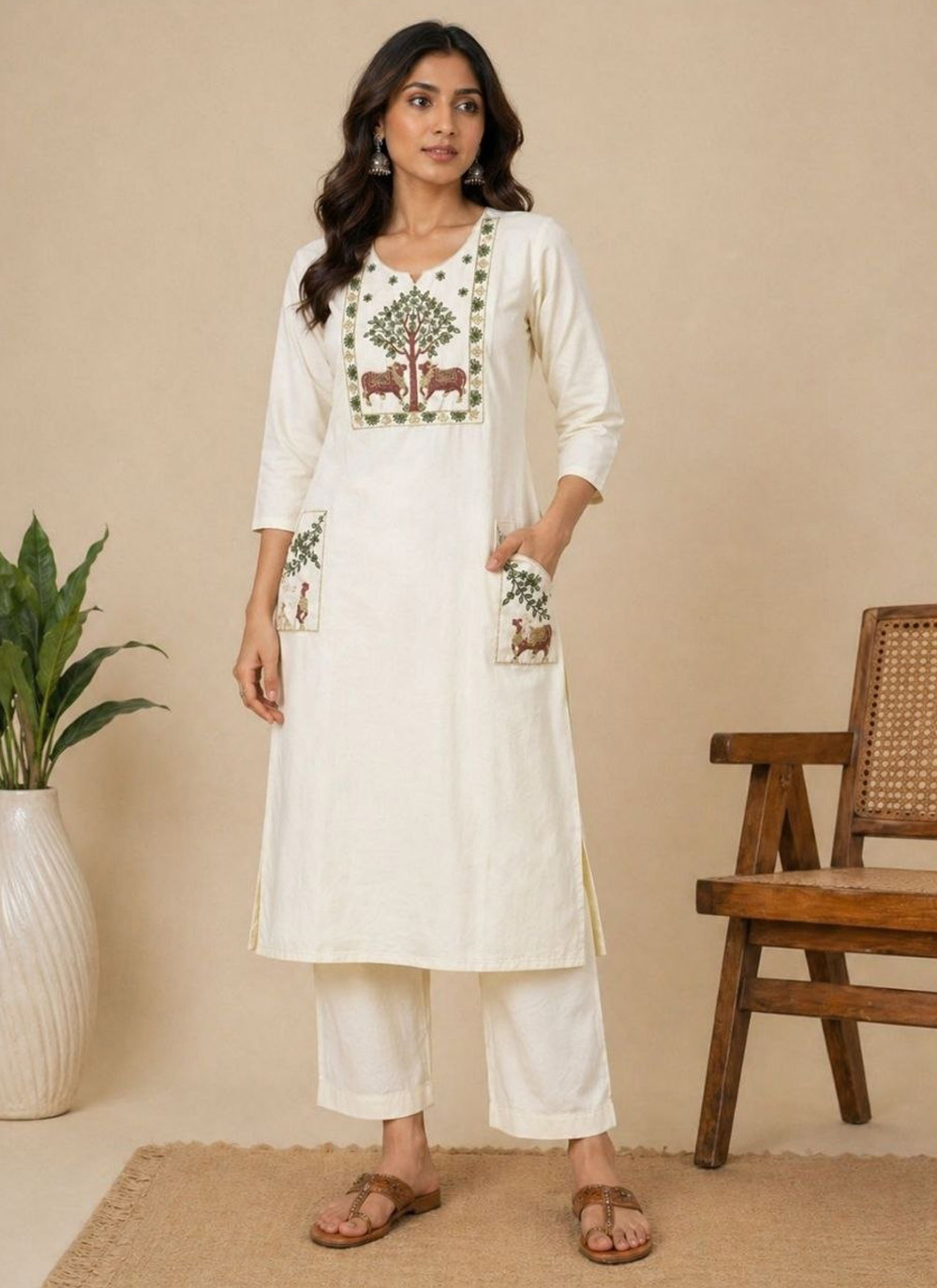 Off White Cotton Zari Work Cotton Kurti for Casual - Buy Online