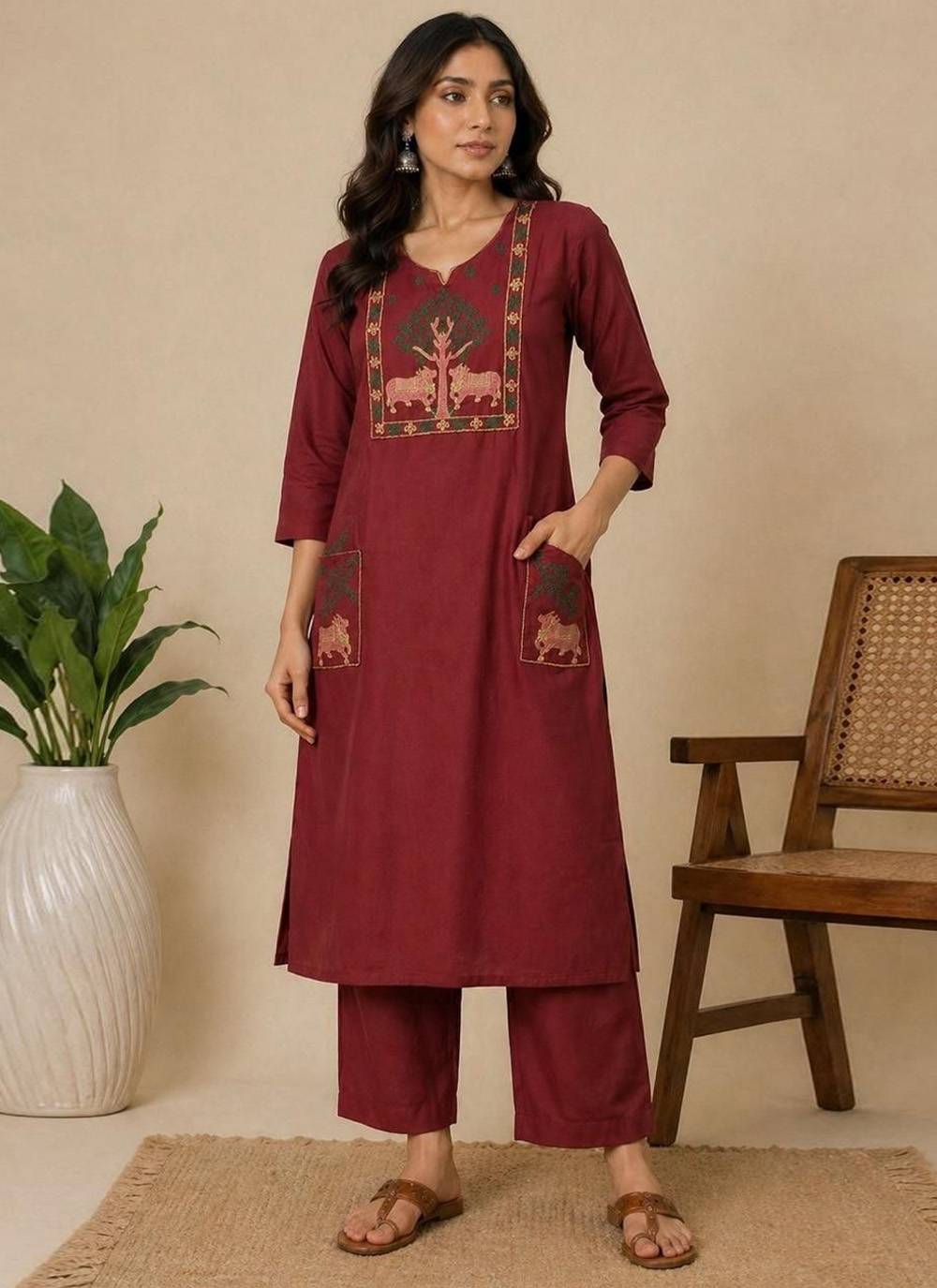 Cotton Zari Embroidered Maroon Designer Kurti - Buy Online