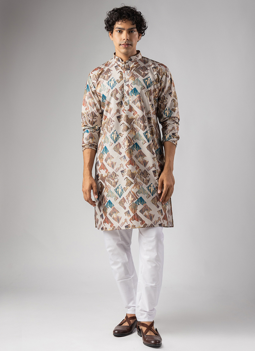 Foil Print Silk Cream Colour Kurta Pyjama for Men - Buy Online