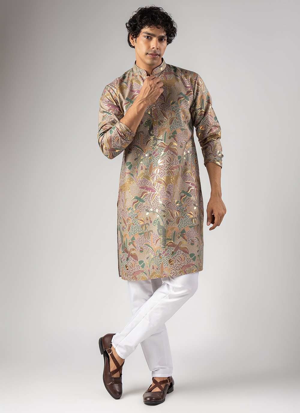 Silk Blend Beige Foil Print Festival Wear Kurta Pyjama - Buy Online