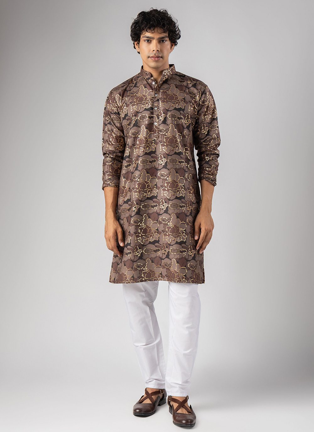 Brown Silk Blend Foil Print Festival Kurta Pyjama - Buy Online