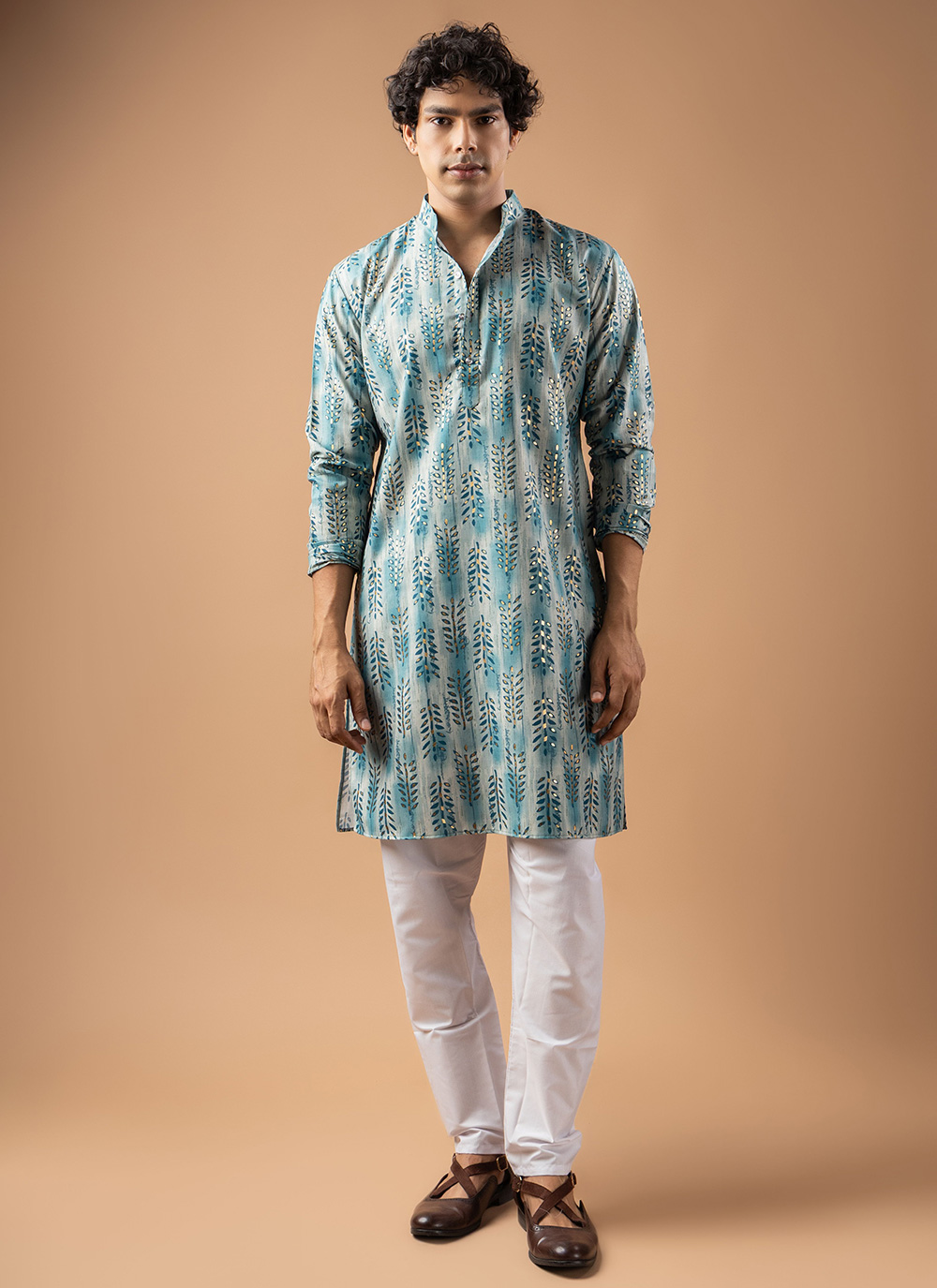 Aqua Blue Foil Print Silk Blend Party Wear Kurta Pyjama - Buy Online