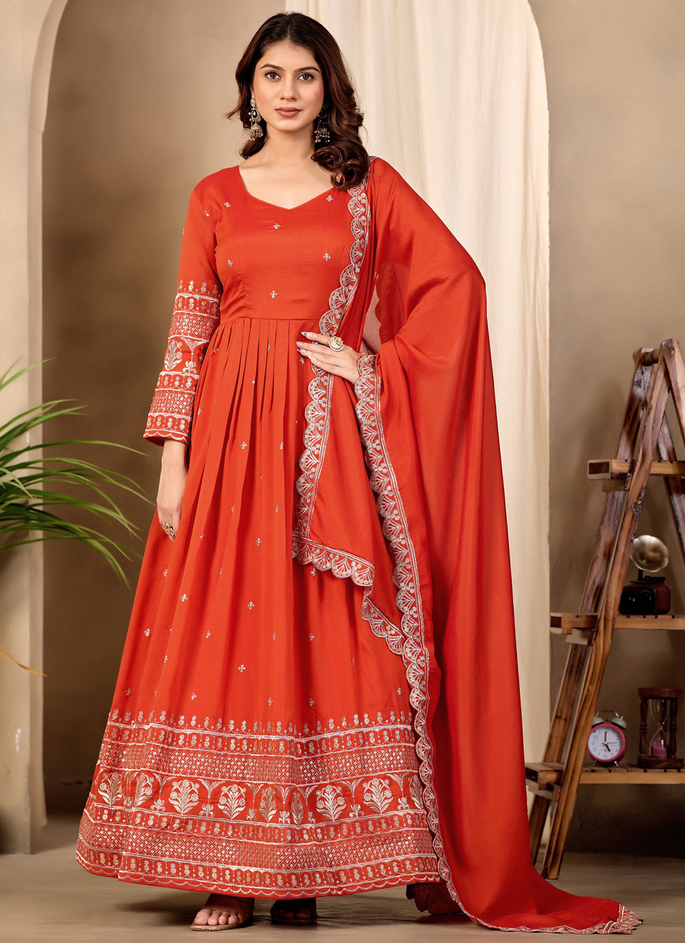 Orange Art Silk Embroidered Anarkali Salwar Kameez - Buy Online
