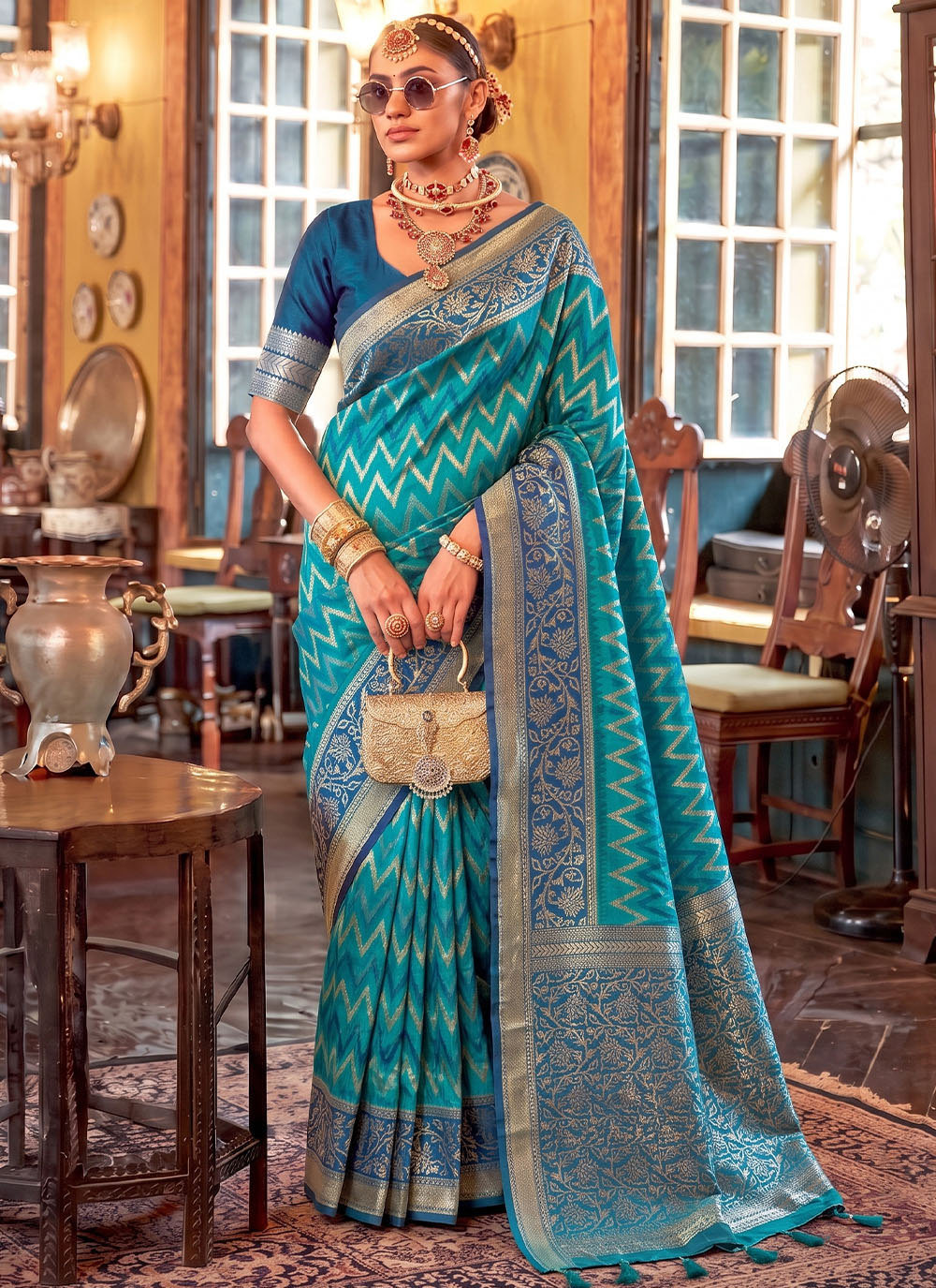 Teal Silk Woven Work Festival Wear Saree - Buy Online
