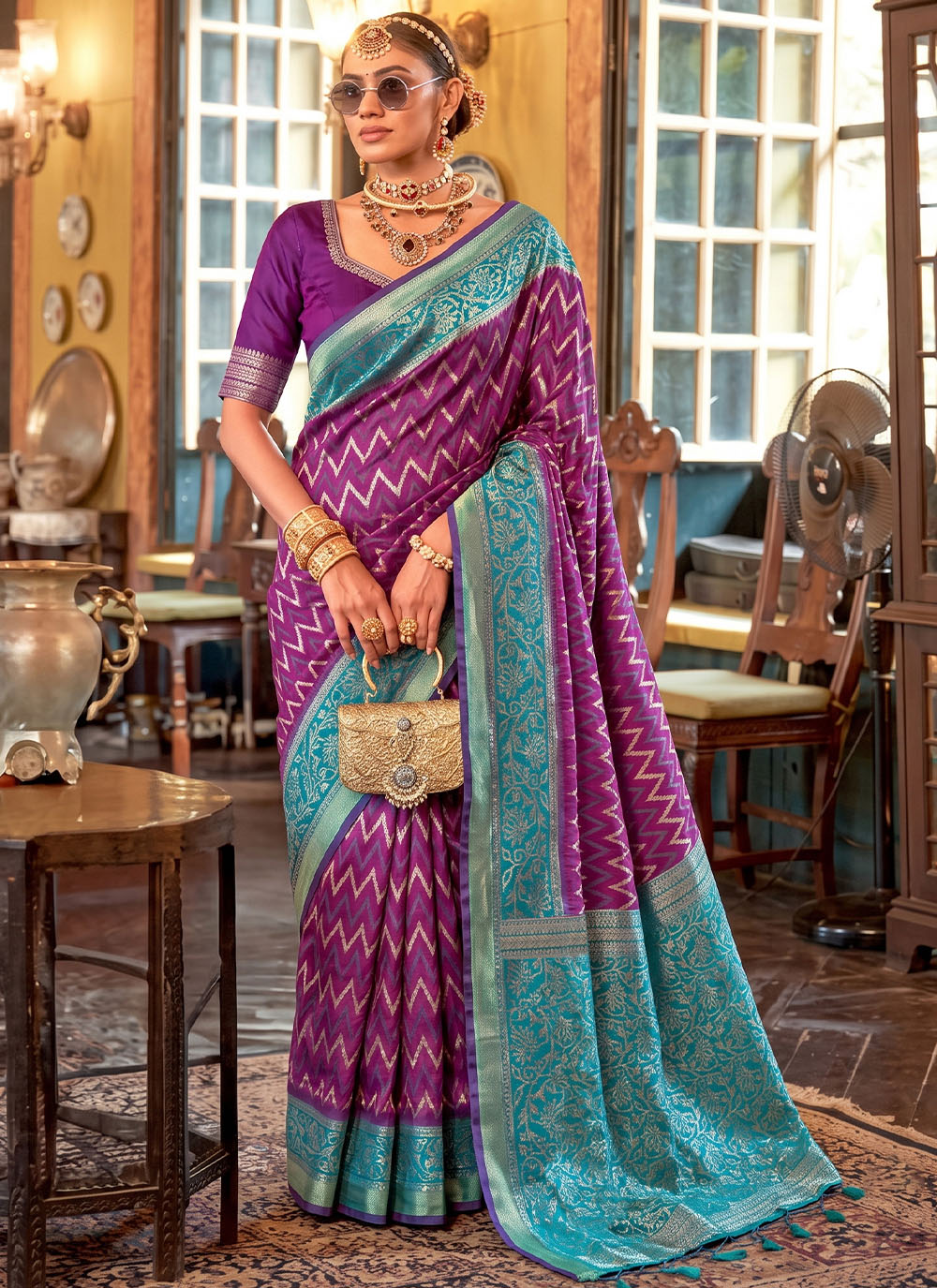 Purple Woven Silk Classic Saree - Buy Online