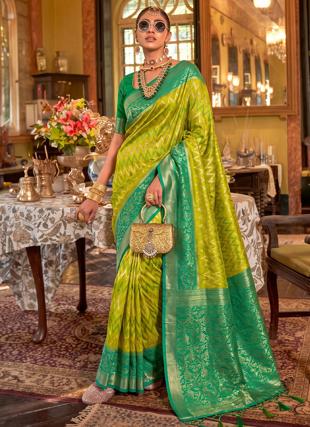 Woven Silk Green Traditional Wear Saree - Buy Online