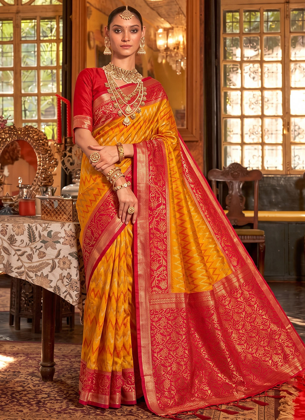 Mustard Woven Work Silk Contemporary Saree - Buy Online