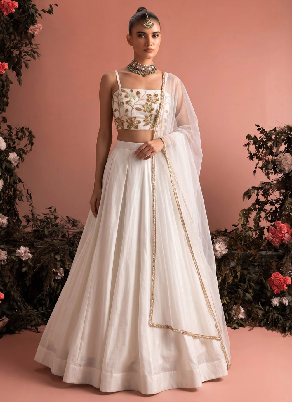 Silk Off White Embroidered Readymade Lehenga Choli - Buy Online