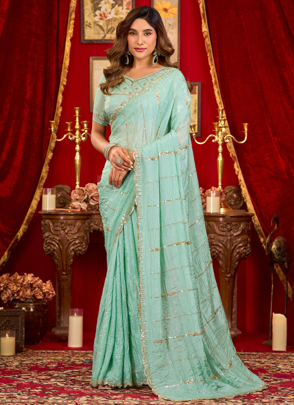 Silk Sea Green Beads Embroidered Cut Work Classic Saree - Buy Online