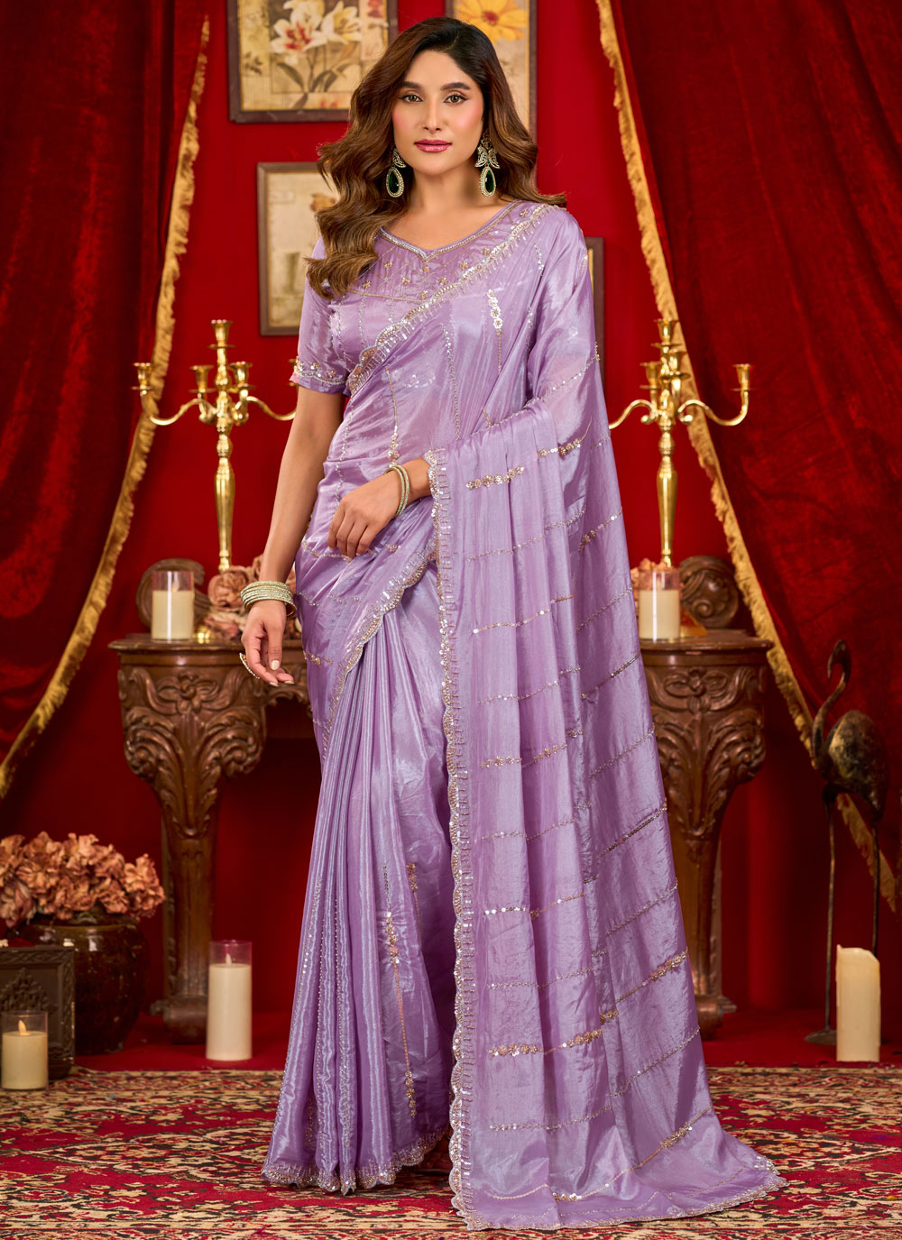 Lavender Silk Sequins Beads Embroidered Trendy Saree - Buy Online