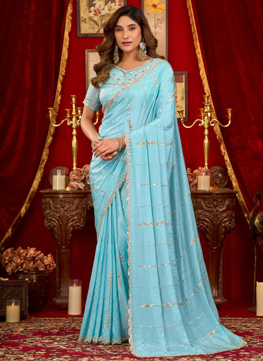 Embroidered Cut Work Silk Contemporary Saree in Aqua Blue - Buy Online