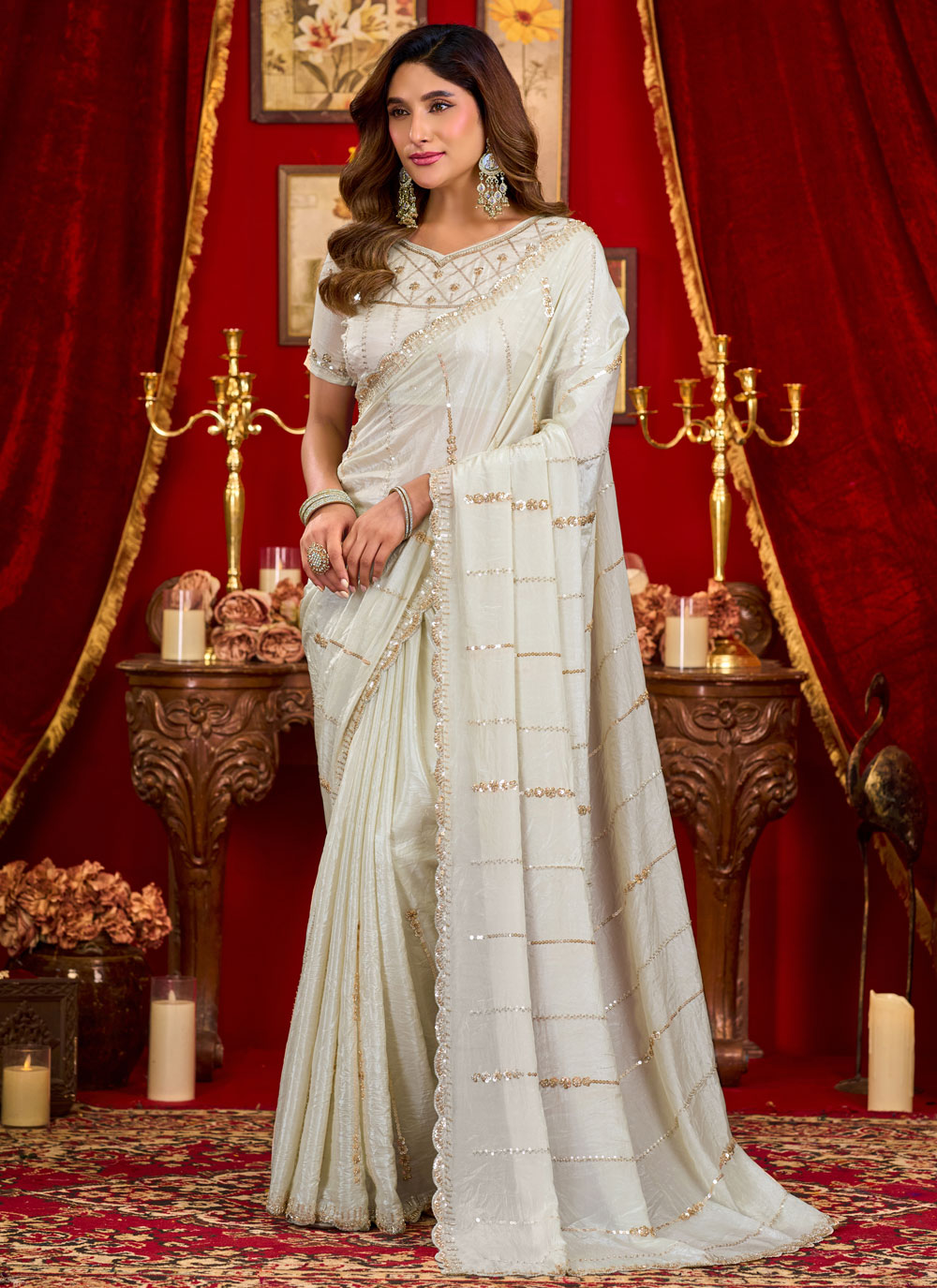 Off White Sequins Embroidered Silk Classic Festival Saree - Buy Online