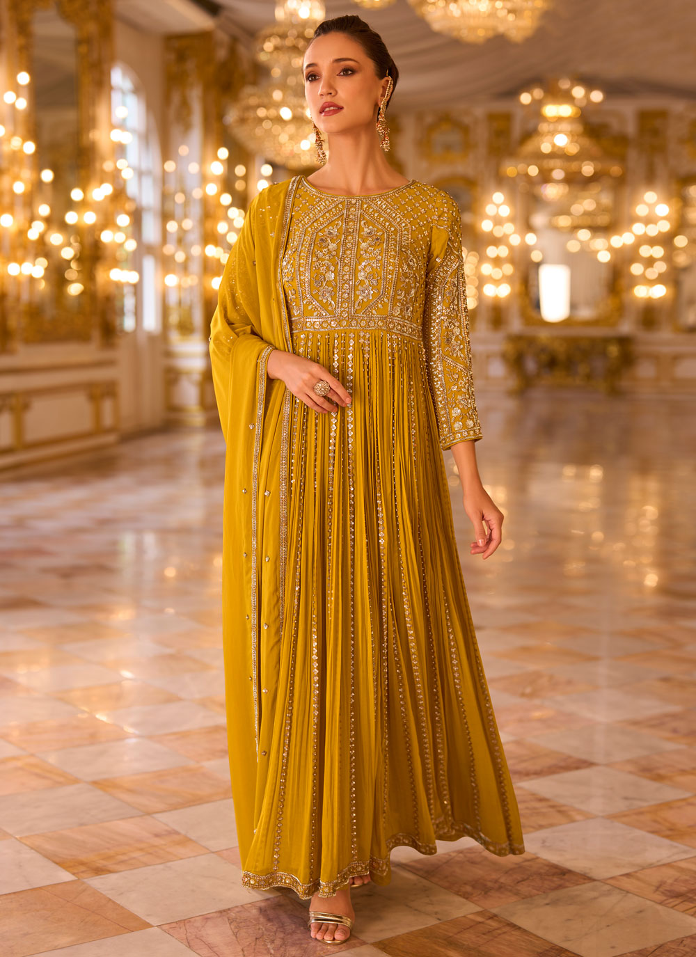 Mustard Beads Sequins Embroidered Georgette Designer Gown - Buy Online