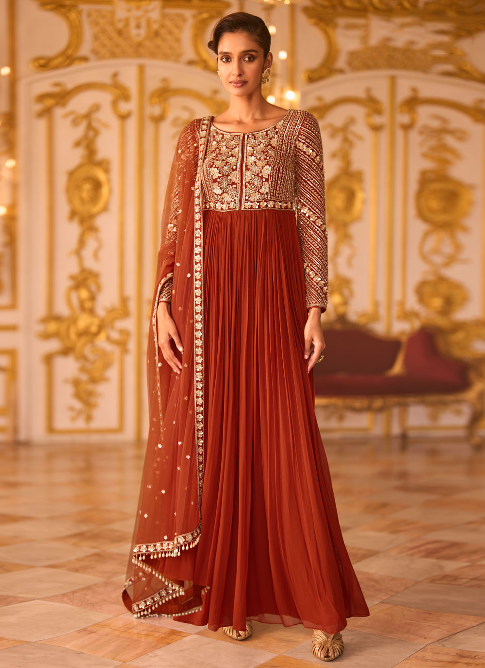 Georgette Rust Beads Embroidered Engagement Gown - Buy Online