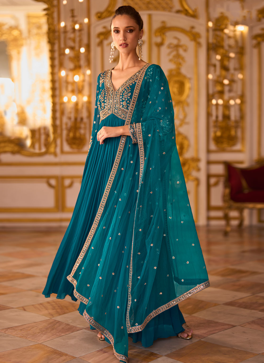 Turquoise Embroidered Georgette Readymade Gown for Ceremonial - Buy Online