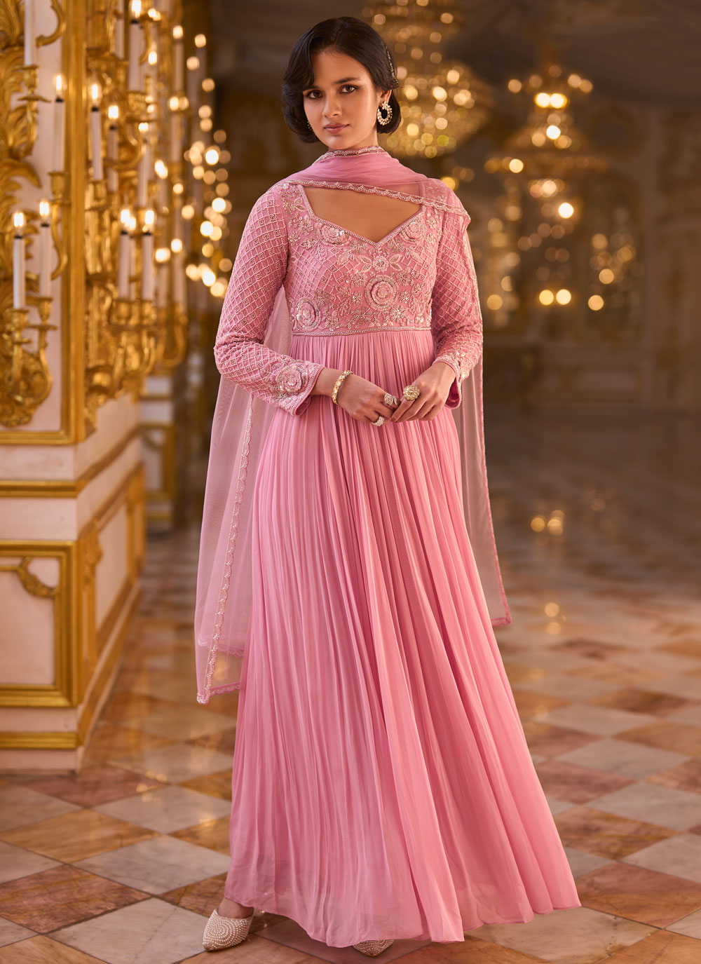 Georgette Pink Zari Beads Embroidered Designer Gown for Wedding - Buy Online