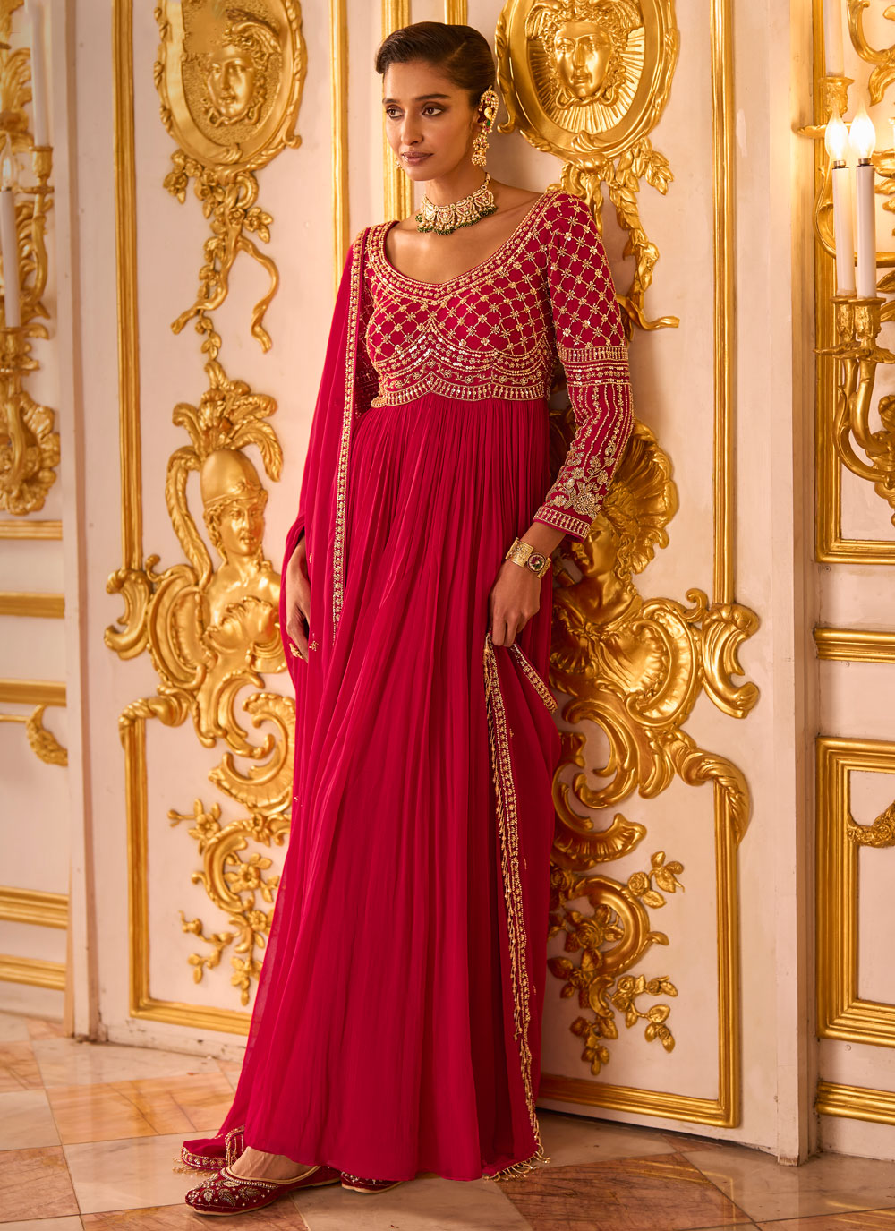 Embroidered Sequins Beads Pink Georgette Wedding Gown - Buy Online