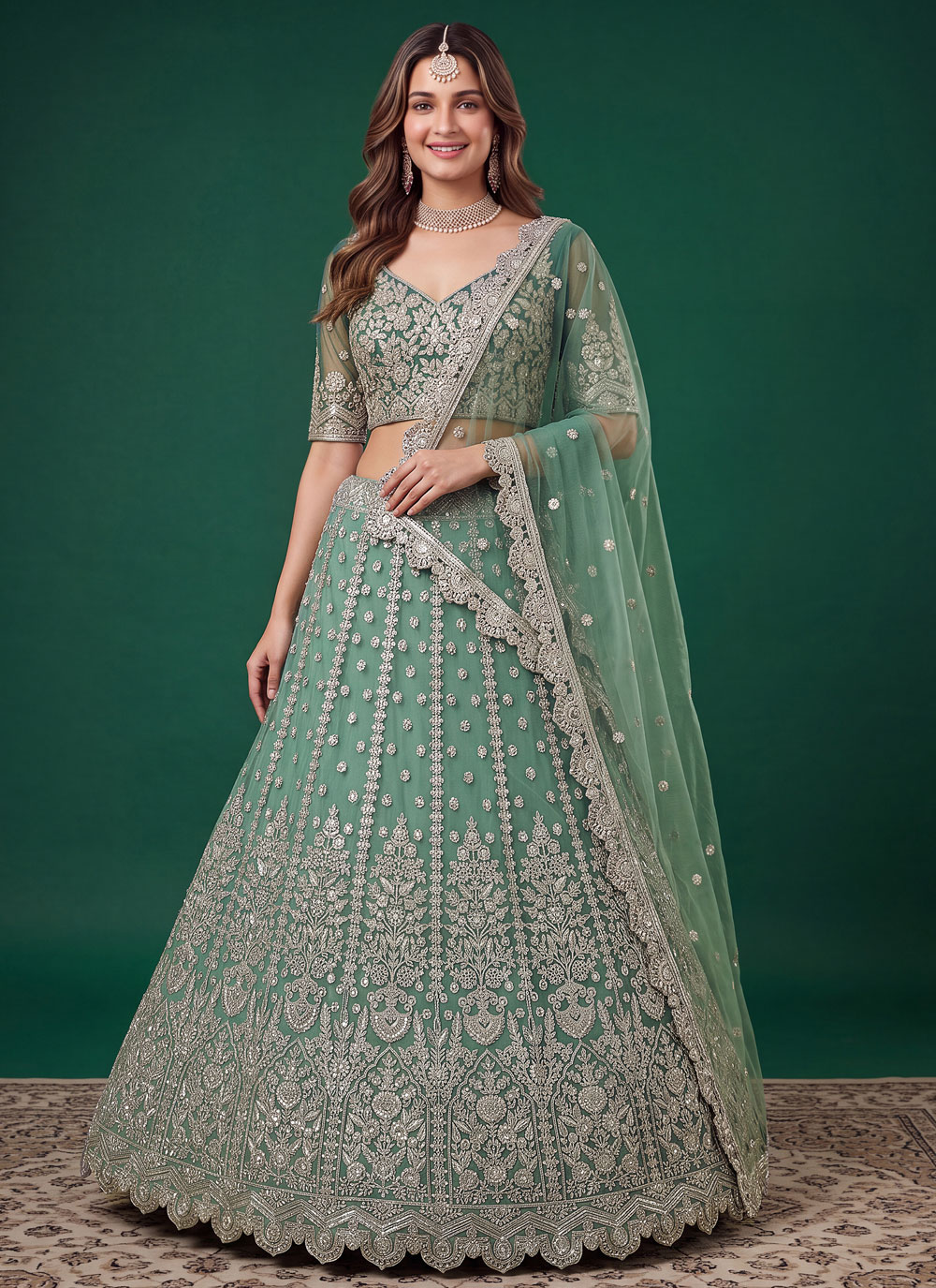 Net Dori Zari Embroidered Sea Green Lehenga Choli - Buy Online