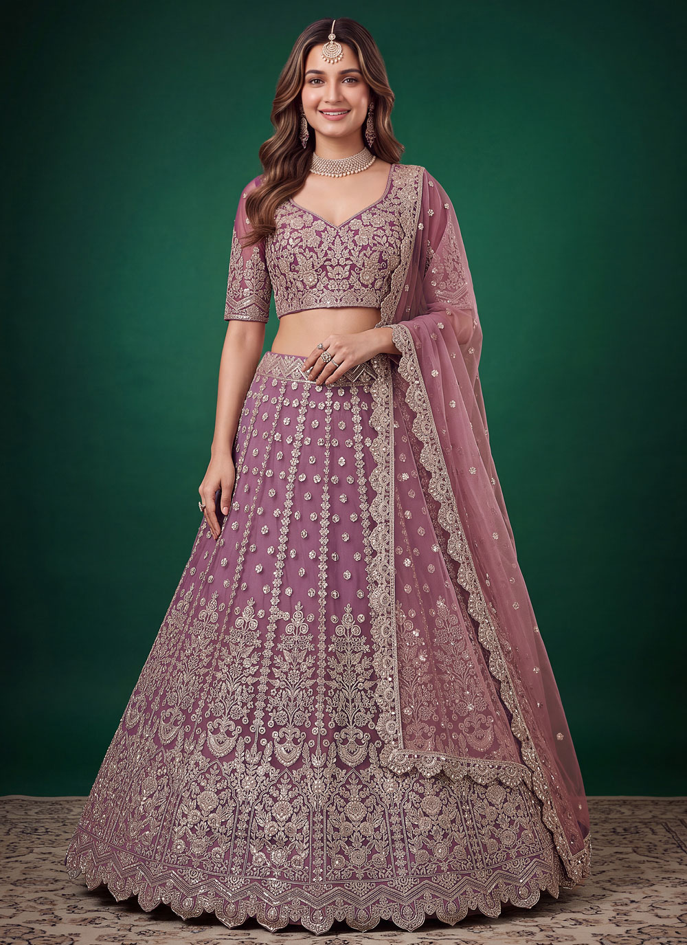 Purple Sequins Embroidered Net Designer Lehenga Choli - Buy Online