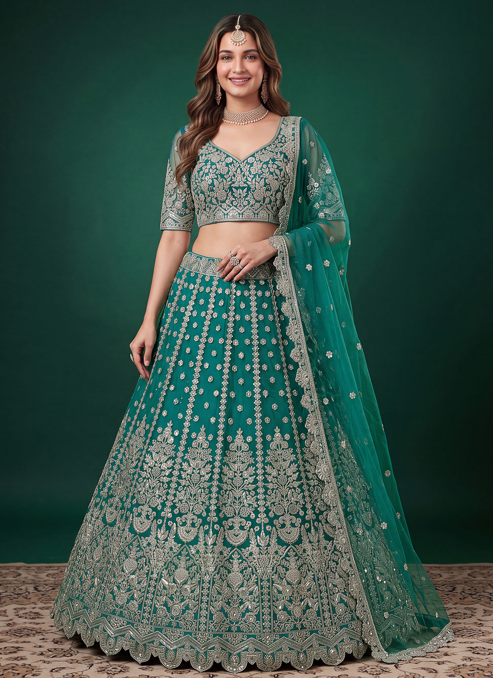 Embroidered Net Rama Colour Sangeet Function Lehenga Choli - Buy Online