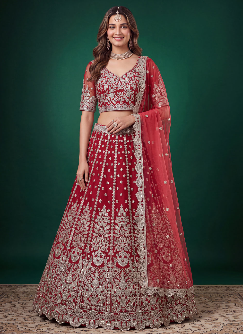 Red Net Sequins Dori Embroidered Designer Lehenga Choli - Buy Online