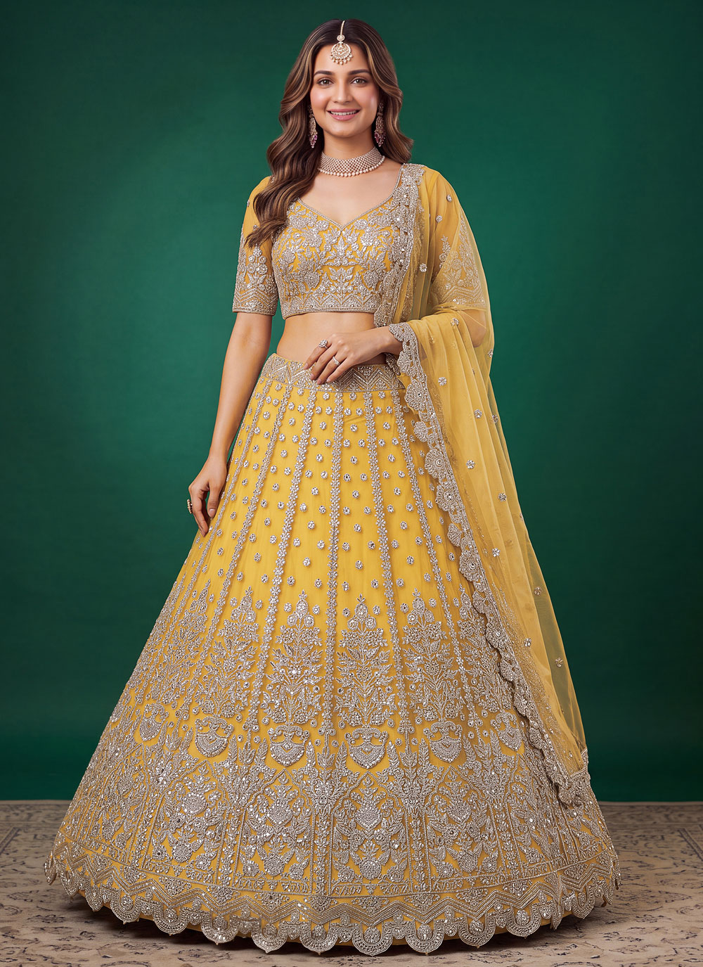 Net Zari Sequins Embroidered Yellow Lehenga Choli for Ceremonial - Buy Online
