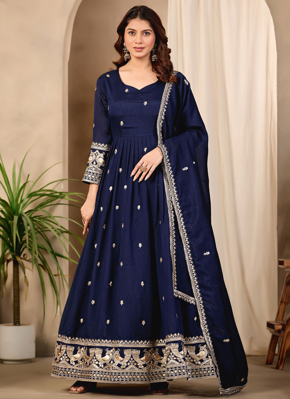 Navy Blue Art Silk Sequins Embroidered Anarkali Salwar Suit - Buy Online