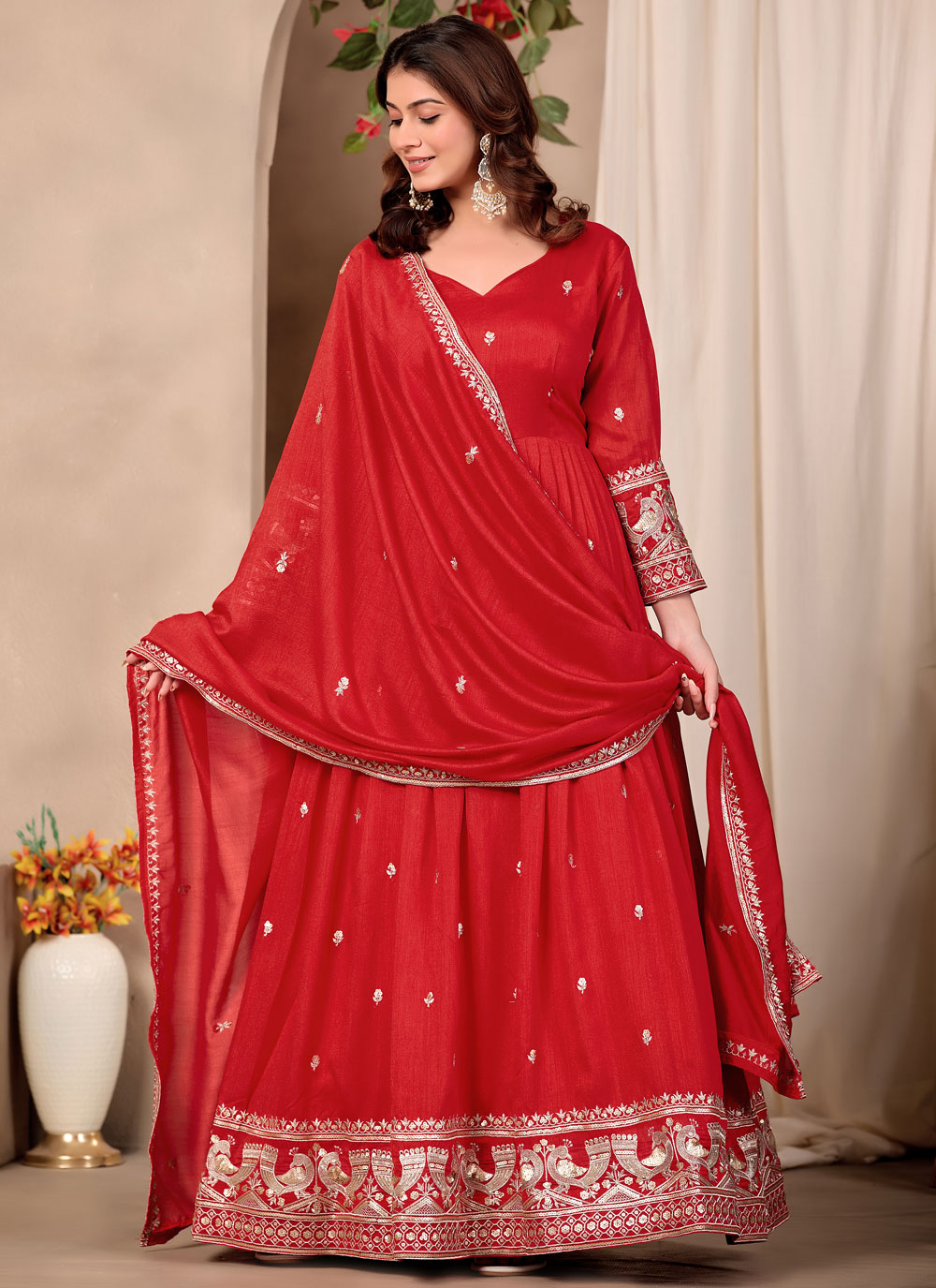 Red Sequins Embroidered Art Silk Readymade Salwar Suit - Buy Online