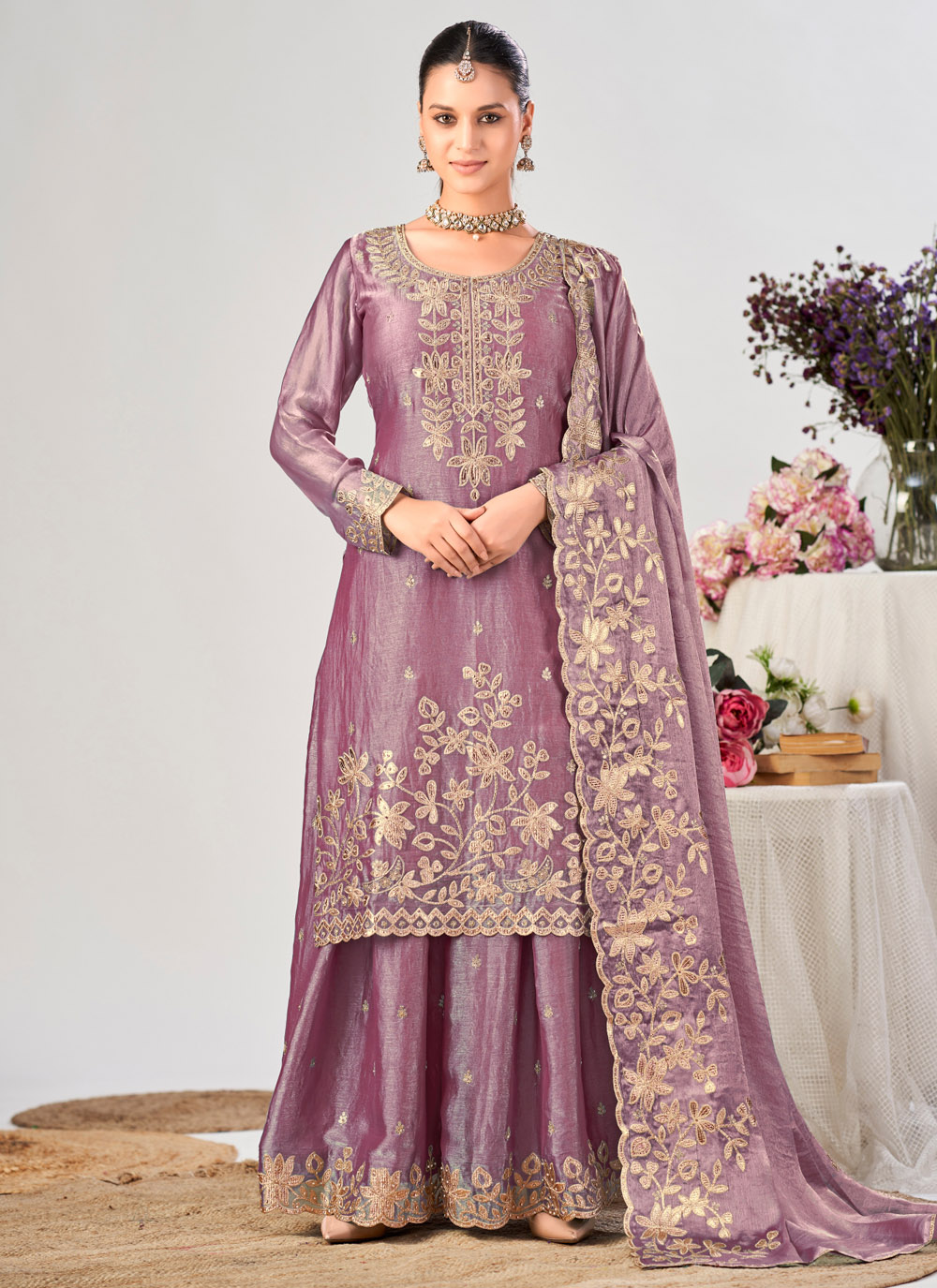 Purple Fandy Silk Embroidered Palazzo Salwar Suit - Buy Online