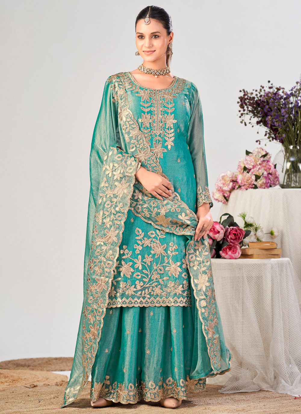 Fandy Silk Sea Green Embroidered Designer Salwar Kameez - Buy Online
