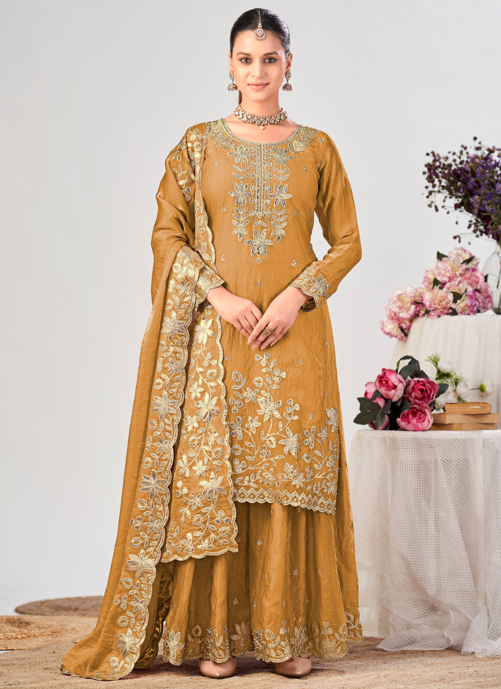 Mustard Embroidered Fandy Silk Readymade Salwar Kameez - Buy Online