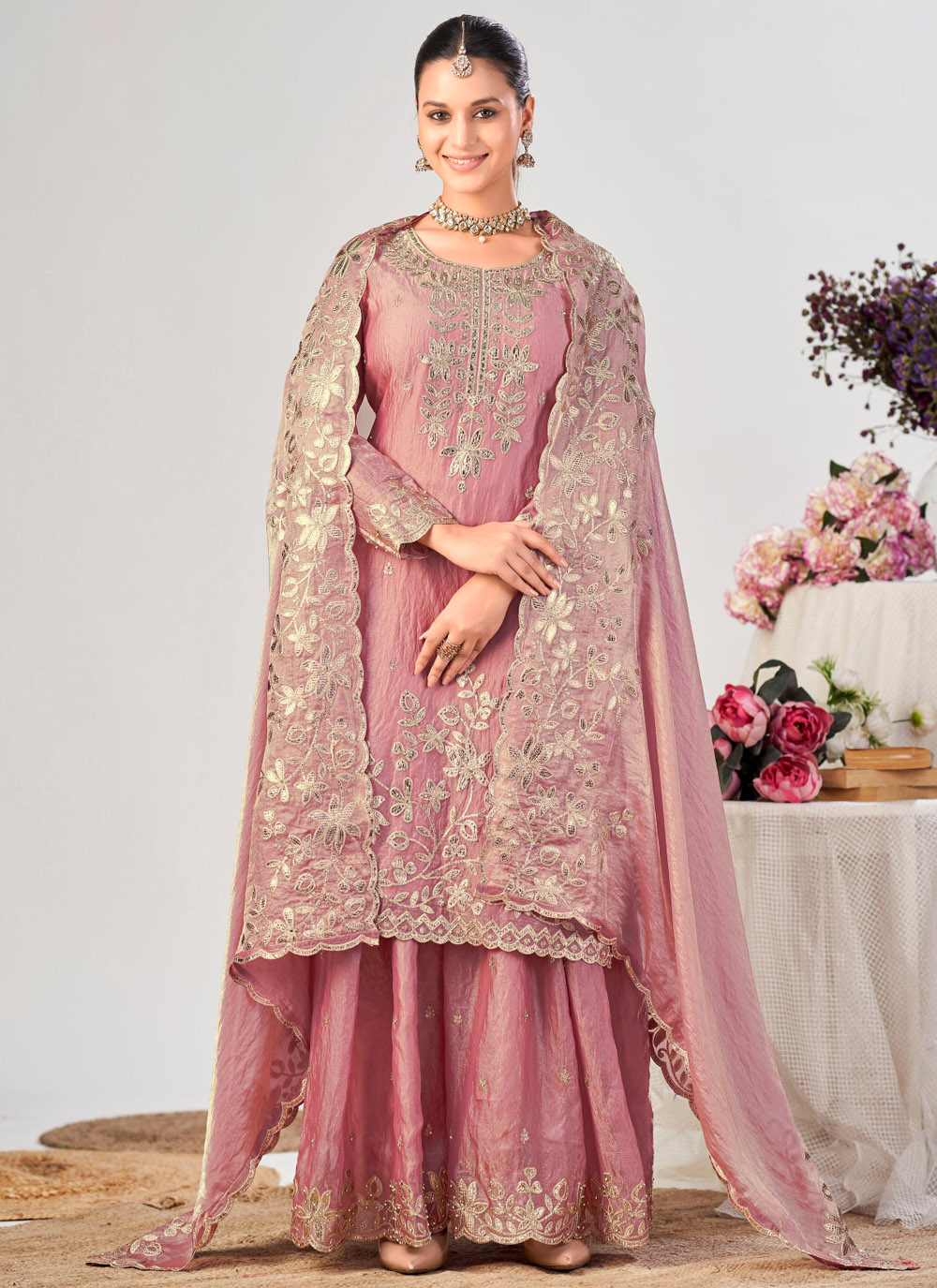 Fandy Silk Pink Palazzo Style Suit with Embroidered Work - Buy Online