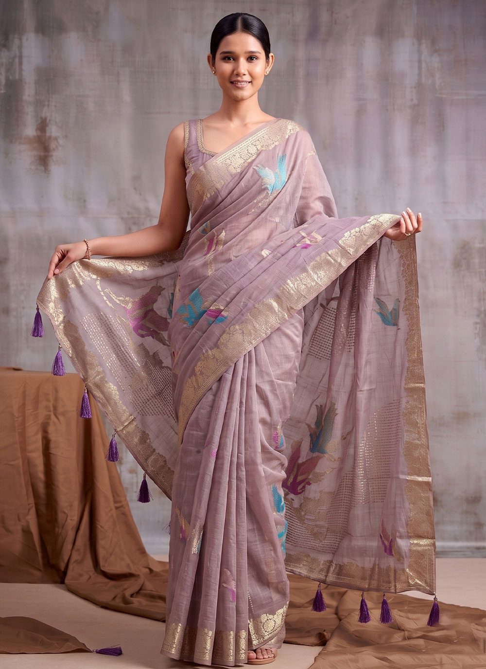 Purple Linen Cotton Woven Trendy Saree for Festival - Buy Online