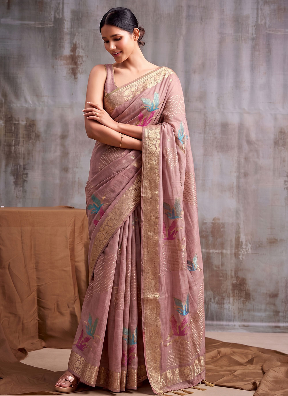 Woven Pink Linen Cotton Contemporary Saree - Buy Online